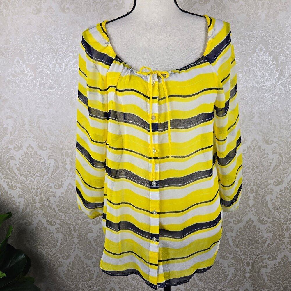 Ann Taylor Petite Size MP Yellow Black White Striped Sheer Blouse Button Front